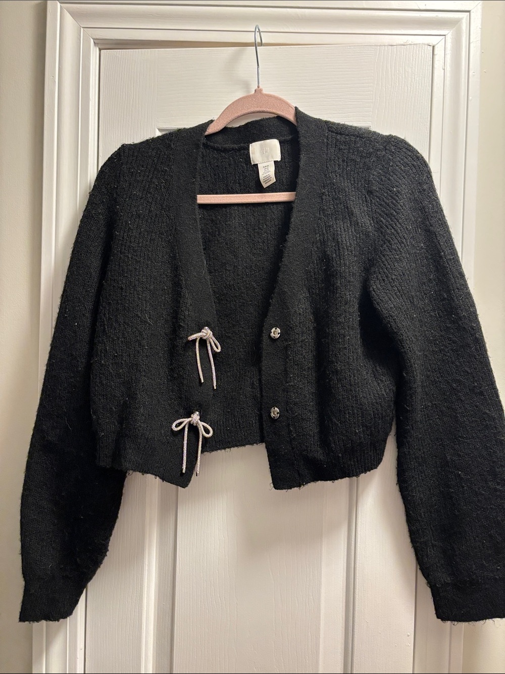 H&M Black Cropped Knit Cardigan with Bow Detail